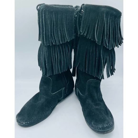 Minnetonka 2-Layer Fringe Boot Size 7 Women's Black Suede Moccasin Boho 1689 - Picture 2 of 10